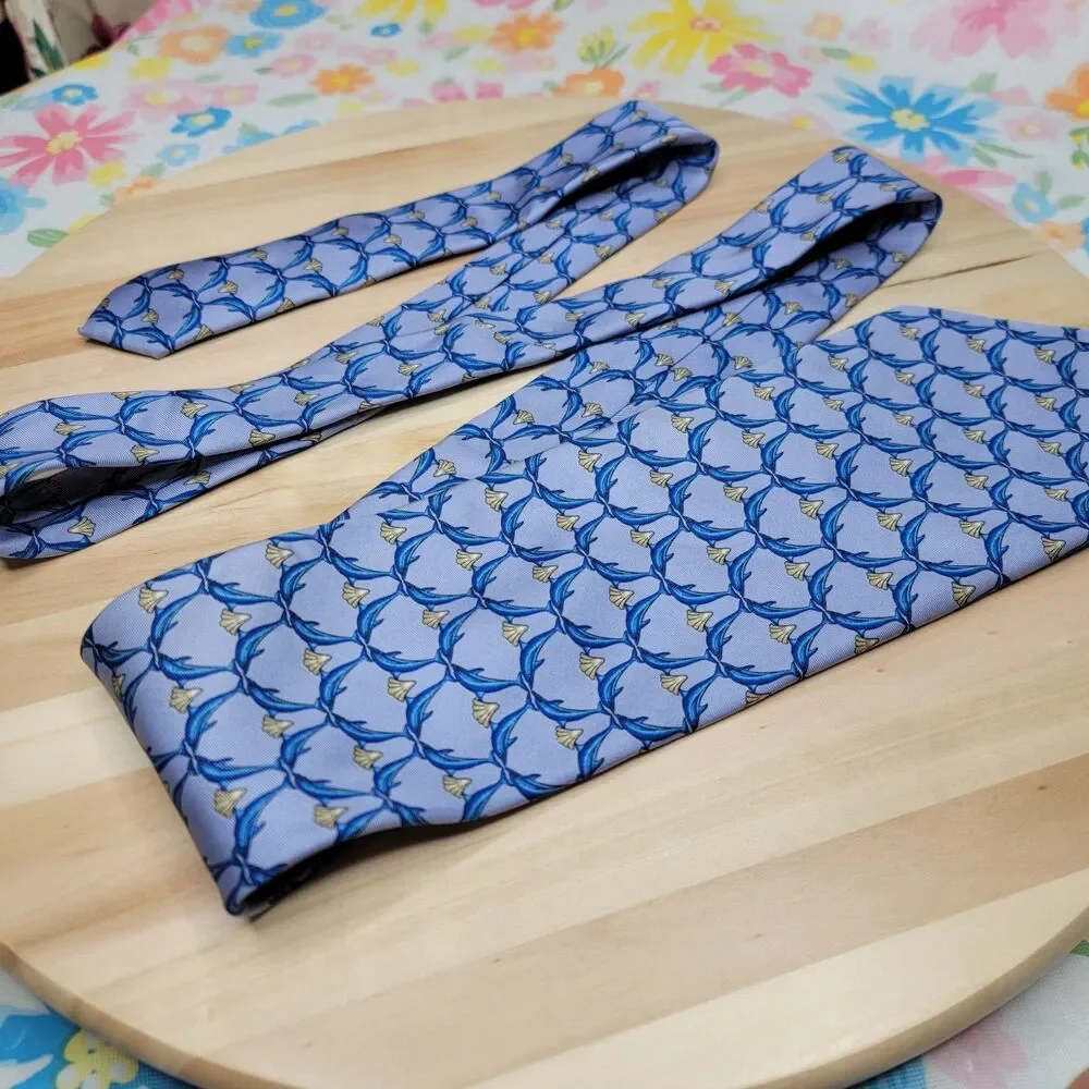 Lanvin Paris Dolphin Print Silk Tie Blue Sea Life Ocean Marine Novelty Necktie
